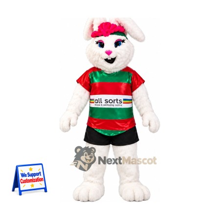 Rabbit Mascot Costume - White, Green and Red Shirt and Pink Cap Rabbit Mascot Costume - White, Green and Red Shirt and Pink Cap