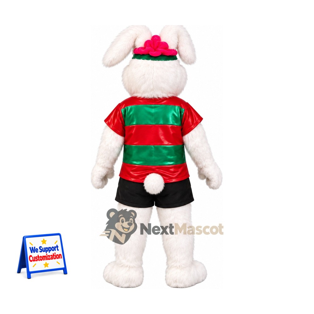 Rabbit Mascot Costume - White, Green and Red Shirt and Pink Cap Rabbit Mascot Costume - White, Green and Red Shirt and Pink Cap