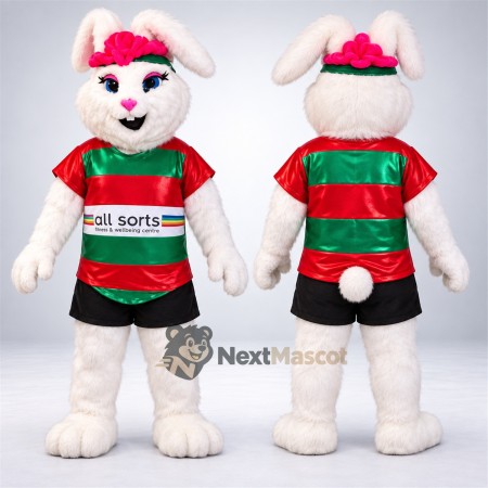 Rabbit Mascot Costume - White, Green and Red Shirt and Pink Cap Rabbit Mascot Costume - White, Green and Red Shirt and Pink Cap