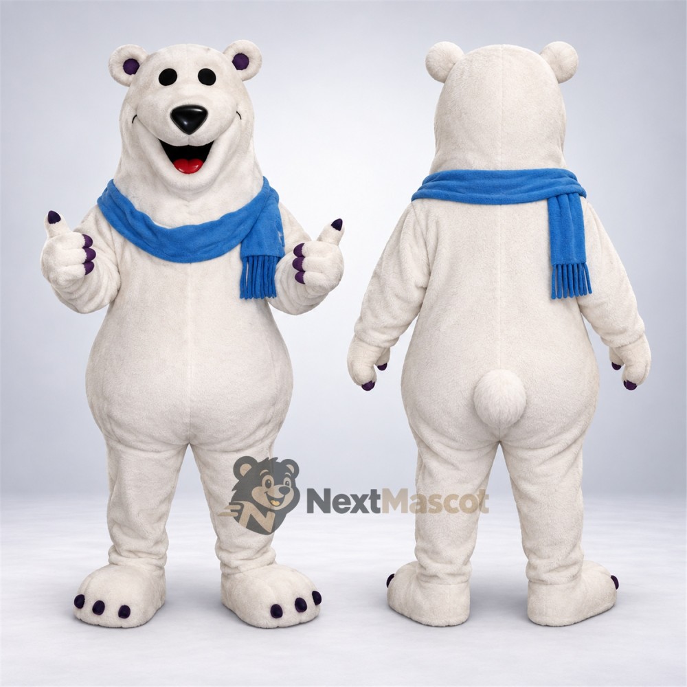 Polar Bear Mascot Costume - Blue Scarf Polar Bear Mascot Costume - Blue Scarf