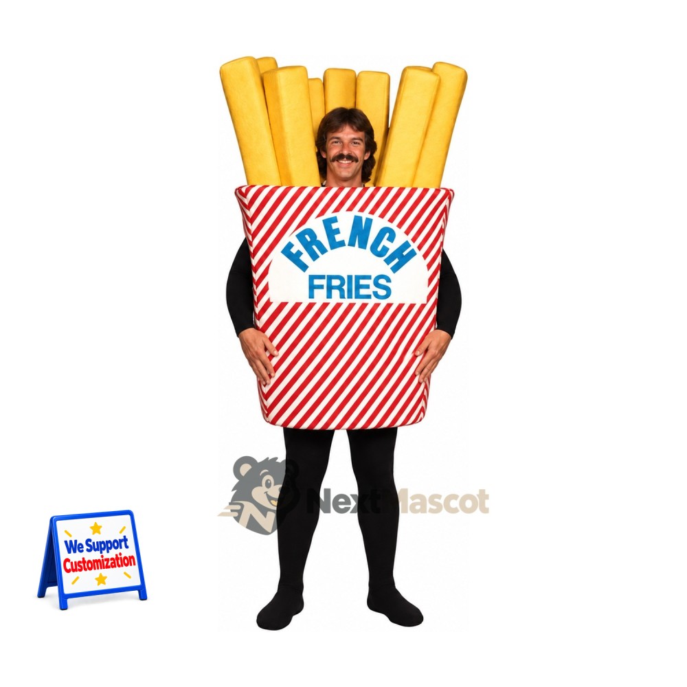 French Fries Mascot Costume - Striped Carton, Open Face French Fries Mascot Costume - Striped Carton, Open Face