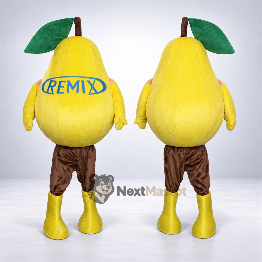 Pear Mascot Costume - Yellow, Brown Shorts Pear Mascot Costume - Yellow, Brown Shorts