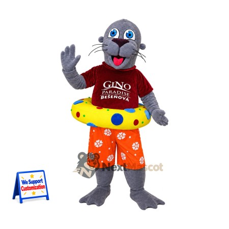 Seal Mascot Costume - Gray, Swim Ring and Orange Shorts Seal Mascot Costume - Gray, Swim Ring and Orange Shorts