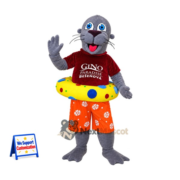 Seal Mascot Costume - Gray, Swim Ring and Orange Shorts