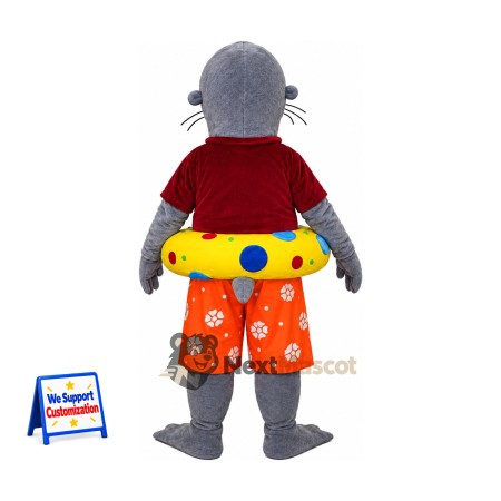 Seal Mascot Costume - Gray, Swim Ring and Orange Shorts Seal Mascot Costume - Gray, Swim Ring and Orange Shorts