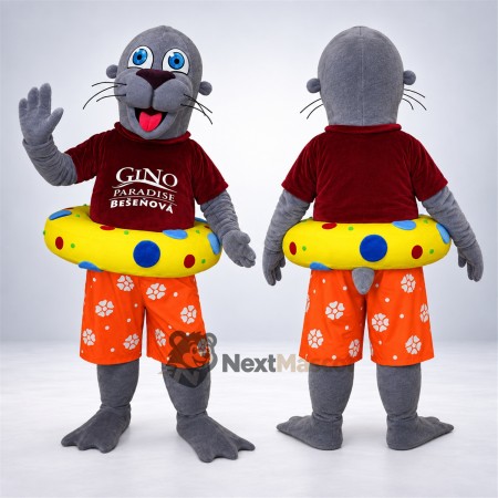 Seal Mascot Costume - Gray, Swim Ring and Orange Shorts Seal Mascot Costume - Gray, Swim Ring and Orange Shorts