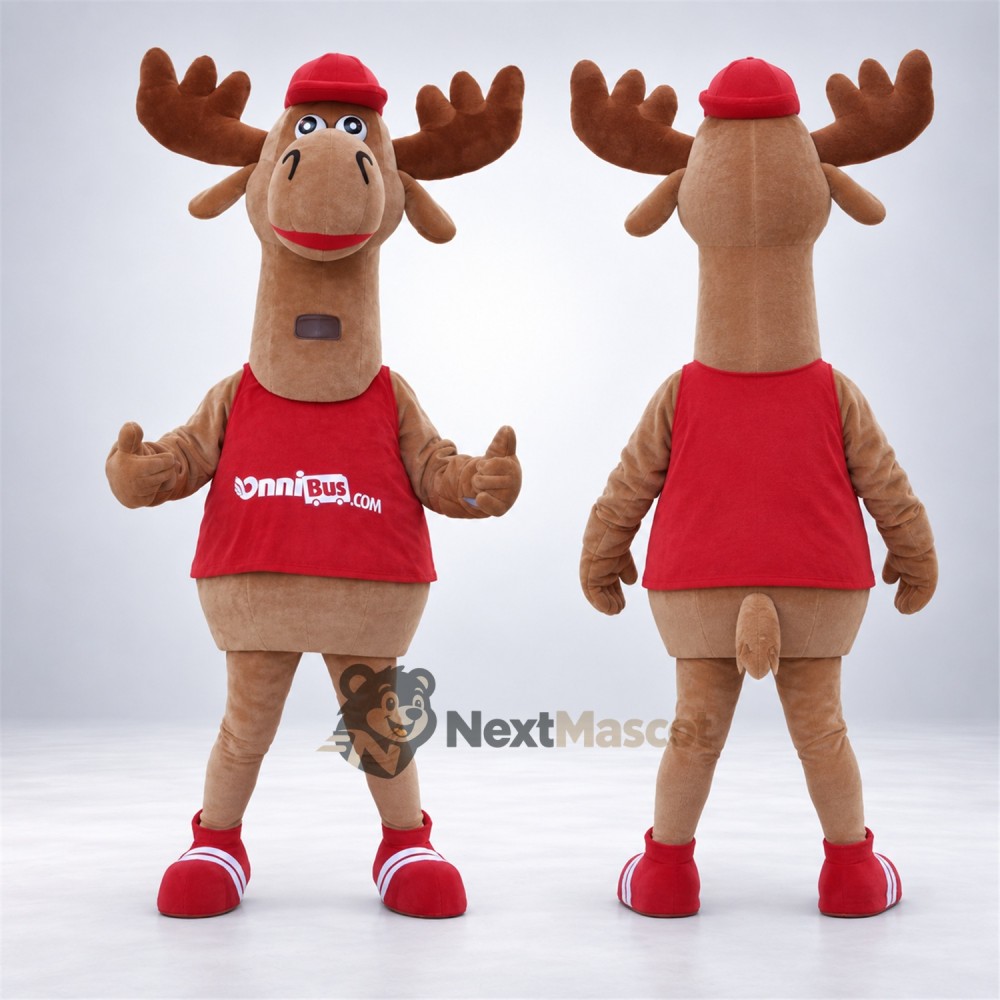 Moose Mascot Costume - Red Shirt and Red Cap Moose Mascot Costume - Red Shirt and Red Cap