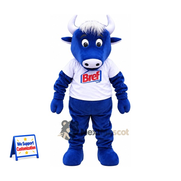 Bull Mascot Costume - Blue, White Shirt
