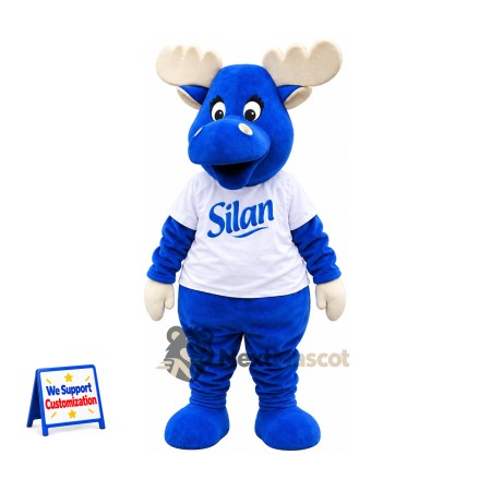 Moose Mascot Costume - Blue, White Shirt