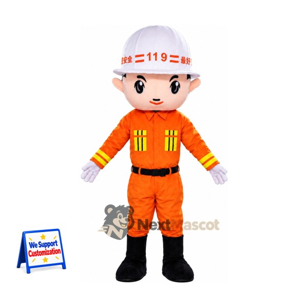 Firefighter Mascot Costume - Orange Suit and White Helmet