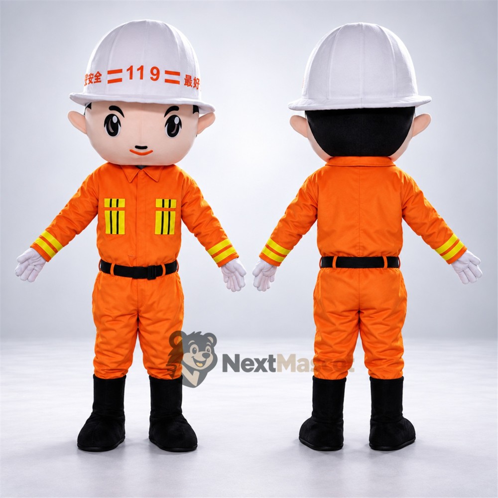 Firefighter Mascot Costume - Orange Suit and White Helmet Firefighter Mascot Costume - Orange Suit and White Helmet