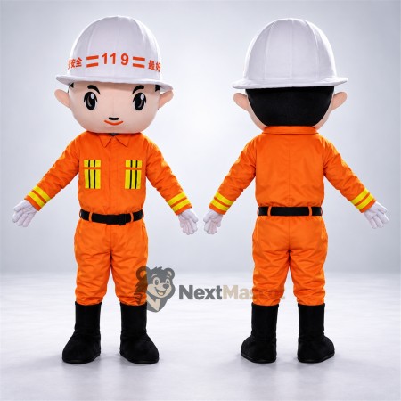 Firefighter Mascot Costume - Orange Suit and White Helmet Firefighter Mascot Costume - Orange Suit and White Helmet