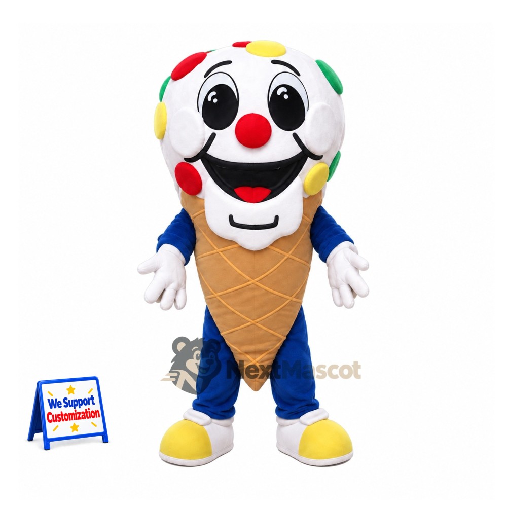 Ice Cream Cone Mascot Costume - Colorful Spots and Blue Legs for Food Festivals Ice Cream Cone Mascot Costume - Colorful Spots and Blue Legs for Food Festivals