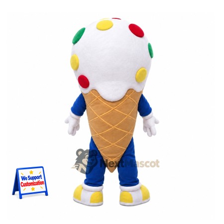 Ice Cream Cone Mascot Costume - Colorful Spots and Blue Legs for Food Festivals Ice Cream Cone Mascot Costume - Colorful Spots and Blue Legs for Food Festivals