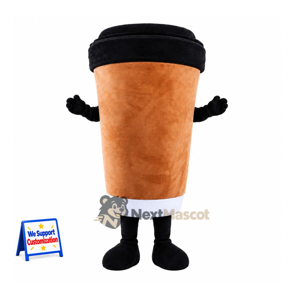 Coffee Cup Mascot Costume - Brown, Black Lid Coffee Cup Mascot Costume - Brown, Black Lid
