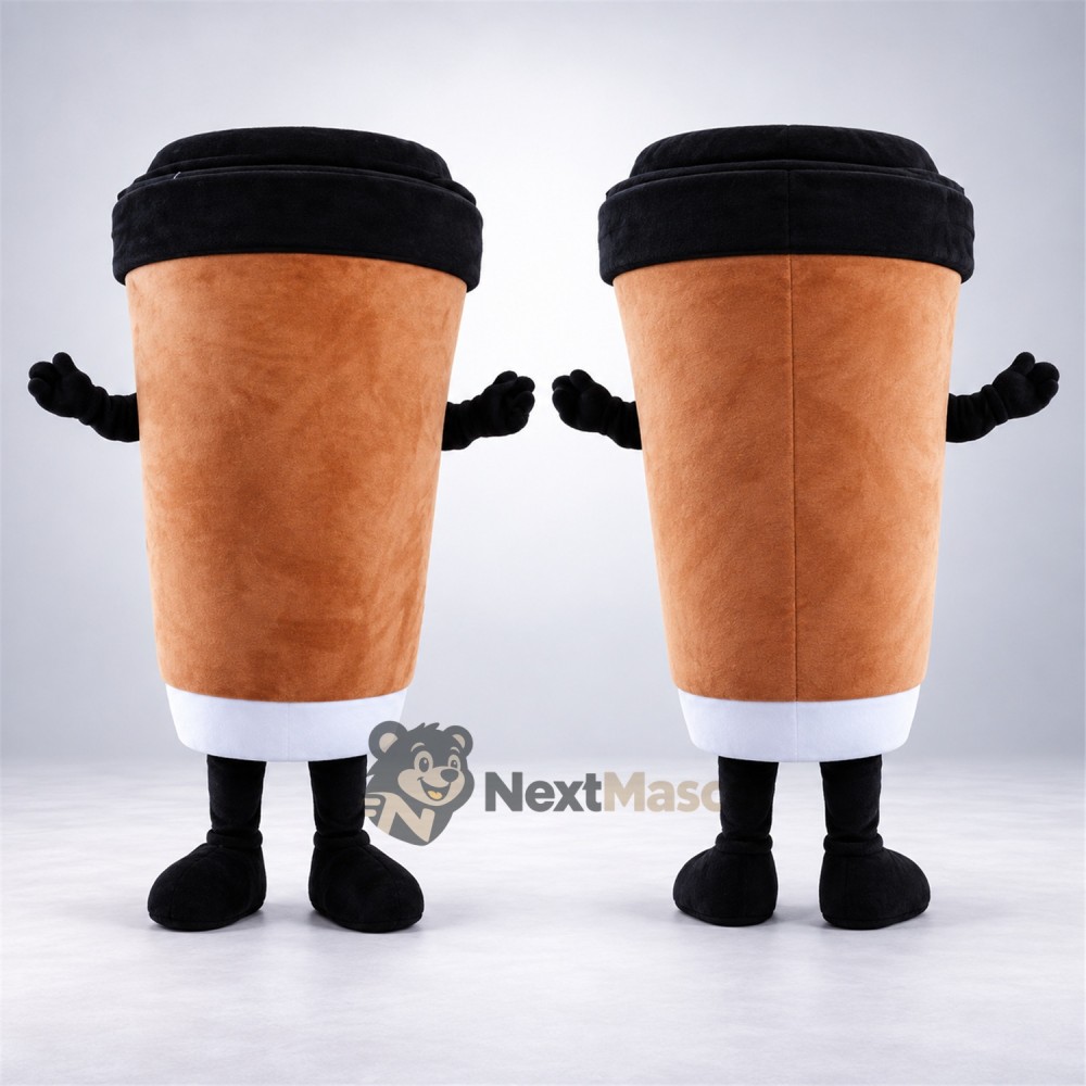 Coffee Cup Mascot Costume - Brown, Black Lid Coffee Cup Mascot Costume - Brown, Black Lid