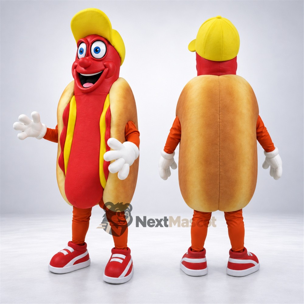Hot Dog Mascot Costume - Yellow Cap and Red Sneakers Hot Dog Mascot Costume - Yellow Cap and Red Sneakers