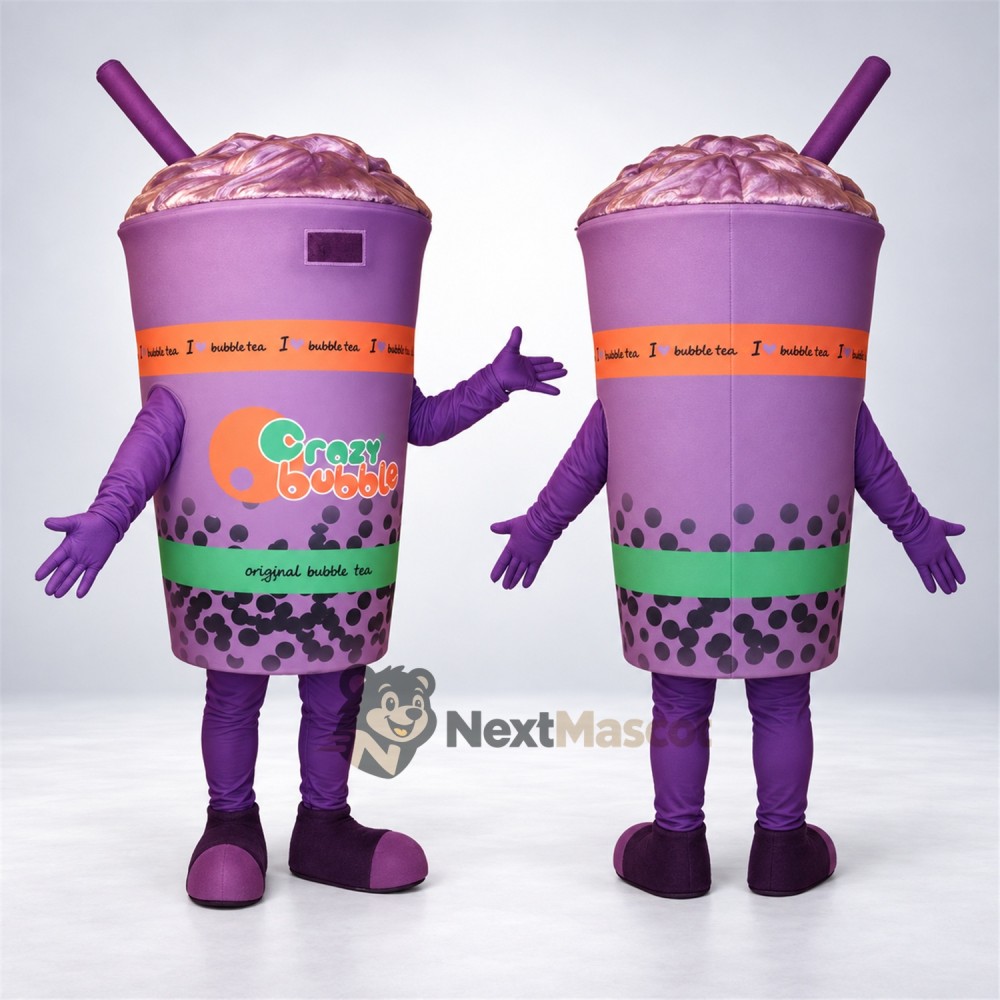Bubble Tea Mascot Costume - Purple, Purple Straw Bubble Tea Mascot Costume - Purple, Purple Straw