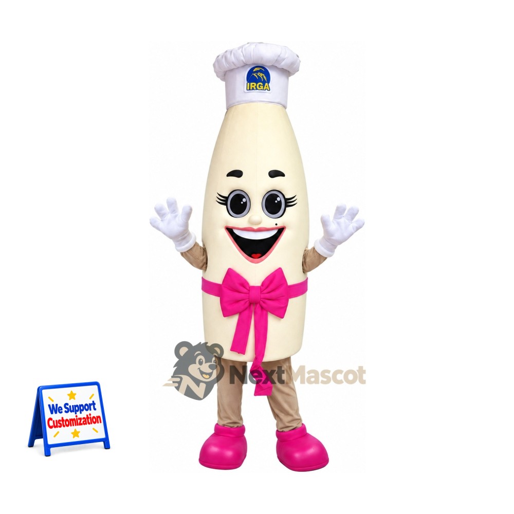 Milk Bottle Mascot Costume - Chef Style, Pink Bow Milk Bottle Mascot Costume - Chef Style, Pink Bow