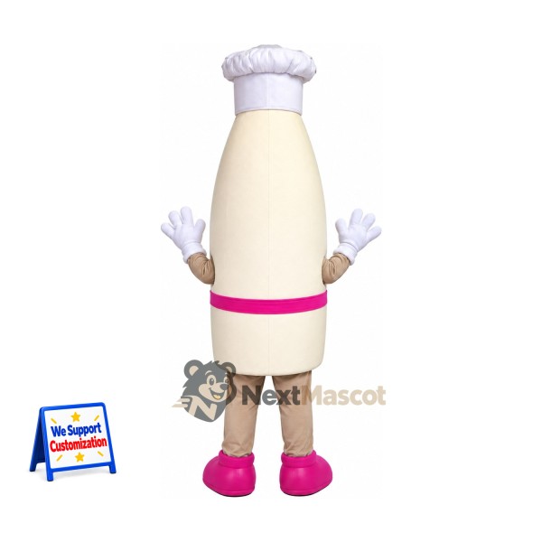 Milk Bottle Mascot Costume - Chef Style, Pink Bow Milk Bottle Mascot Costume - Chef Style, Pink Bow