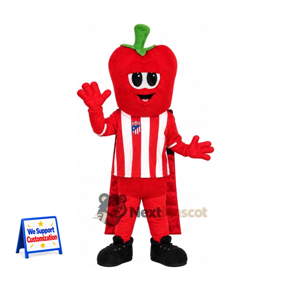 Bell Pepper Mascot Costume - Red, Striped Shirt Bell Pepper Mascot Costume - Red, Striped Shirt
