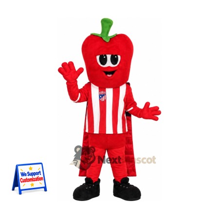 Bell Pepper Mascot Costume - Red, Striped Shirt Bell Pepper Mascot Costume - Red, Striped Shirt