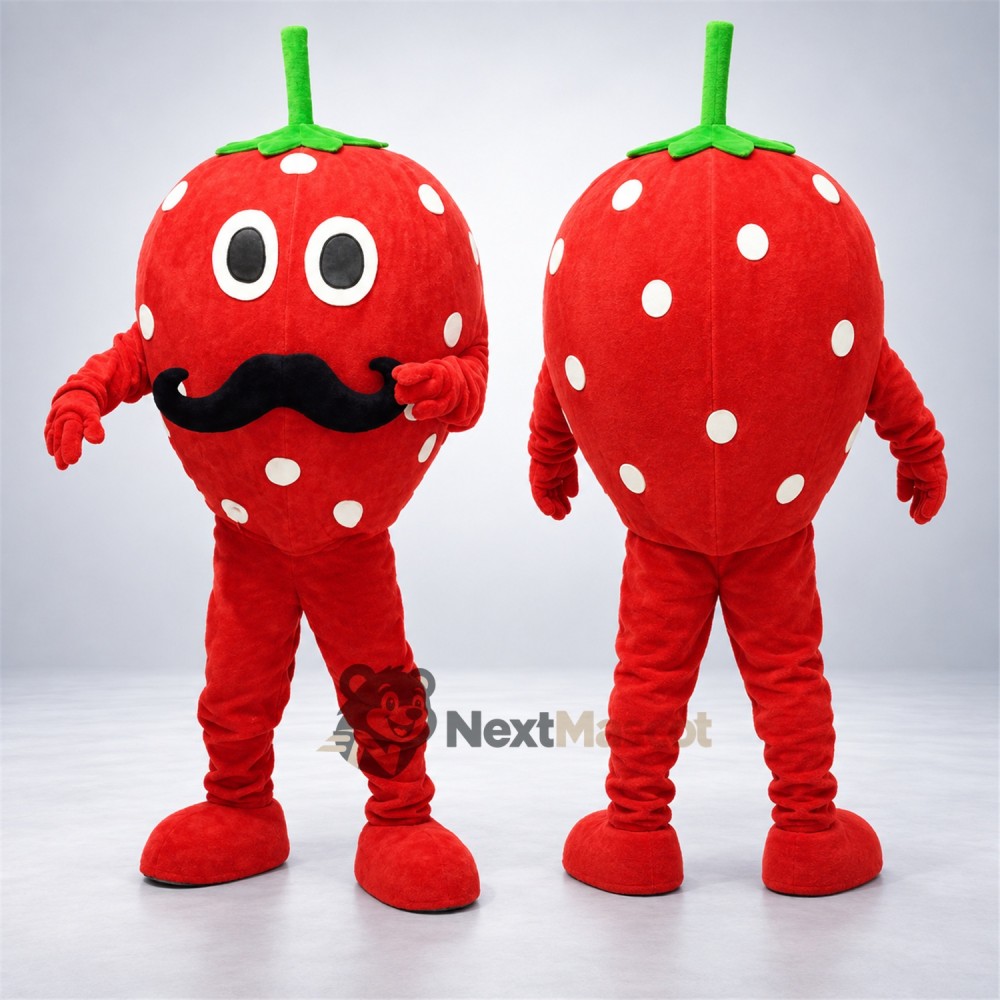Strawberry Mascot Costume - Mustache and White Seeds Strawberry Mascot Costume - Mustache and White Seeds