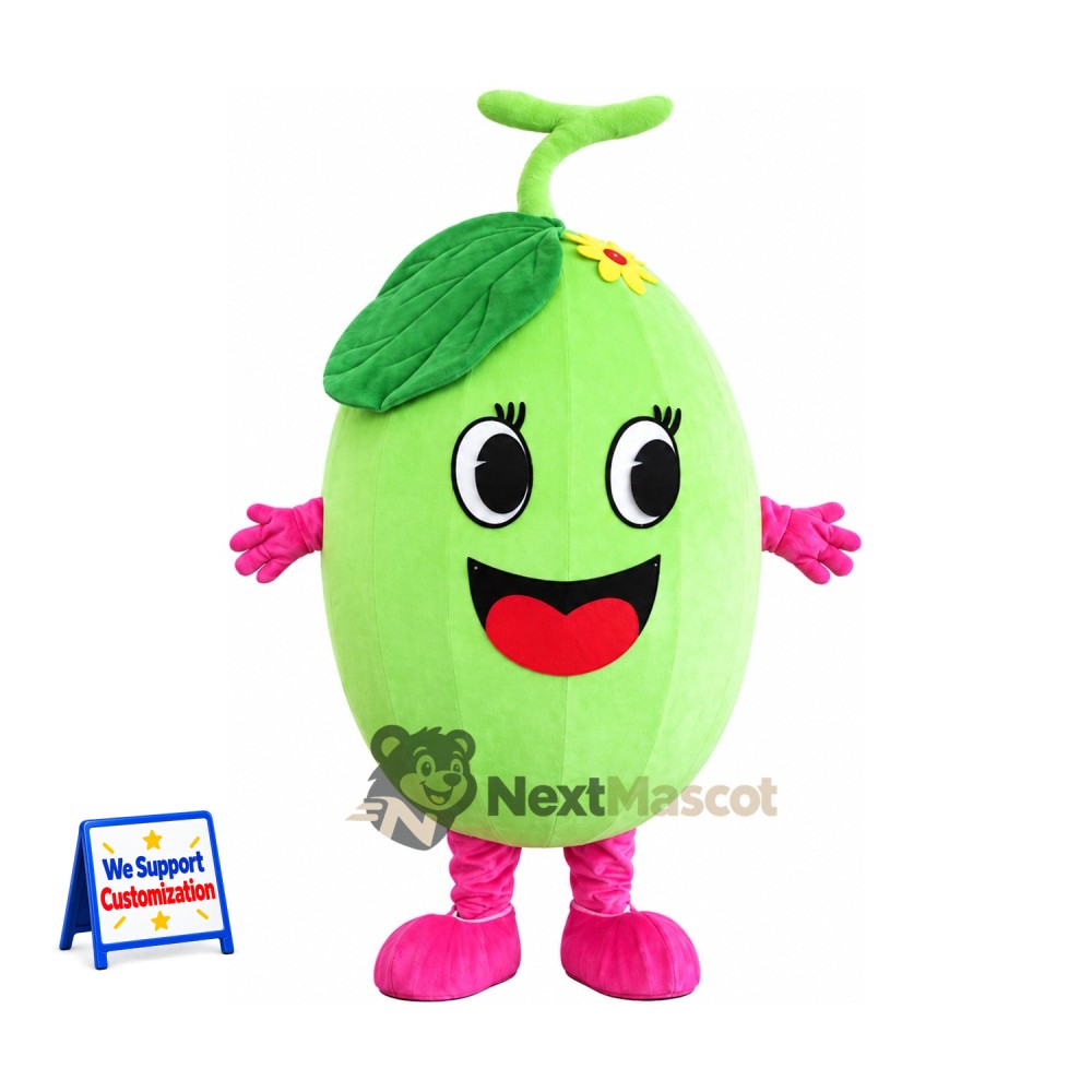 Melon Mascot Costume - Green, Pink Gloves and Shoes for Food Festivals Melon Mascot Costume - Green, Pink Gloves and Shoes for Food Festivals
