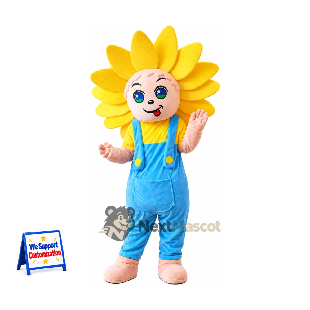 Sunflower Mascot Costume - Blue Overalls Sunflower Mascot Costume - Blue Overalls