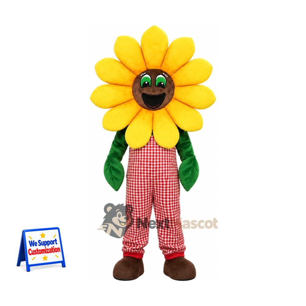 Sunflower Mascot Costume - Red Checkered Overalls Sunflower Mascot Costume - Red Checkered Overalls