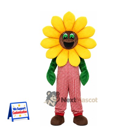 Sunflower Mascot Costume - Red Checkered Overalls Sunflower Mascot Costume - Red Checkered Overalls