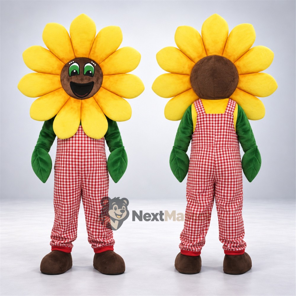 Sunflower Mascot Costume - Red Checkered Overalls Sunflower Mascot Costume - Red Checkered Overalls