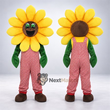 Sunflower Mascot Costume - Red Checkered Overalls Sunflower Mascot Costume - Red Checkered Overalls