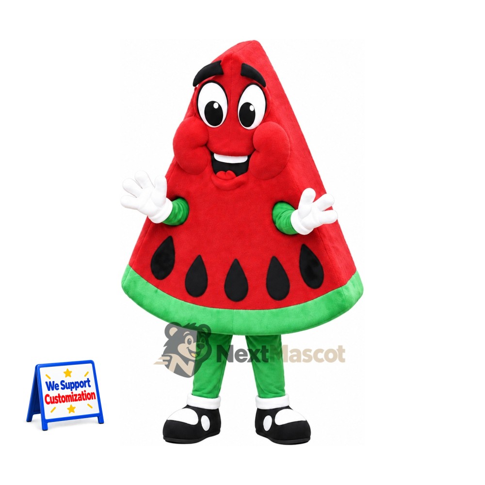 Watermelon Slice Mascot Costume - Green Legs and Black Seeds for Food Festivals Watermelon Slice Mascot Costume - Green Legs and Black Seeds for Food Festivals