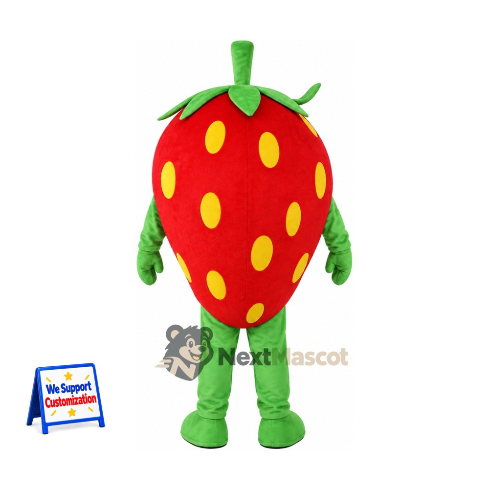 Strawberry Mascot Costume - Yellow Seeds and Green Legs for Food Festivals Strawberry Mascot Costume - Yellow Seeds and Green Legs for Food Festivals