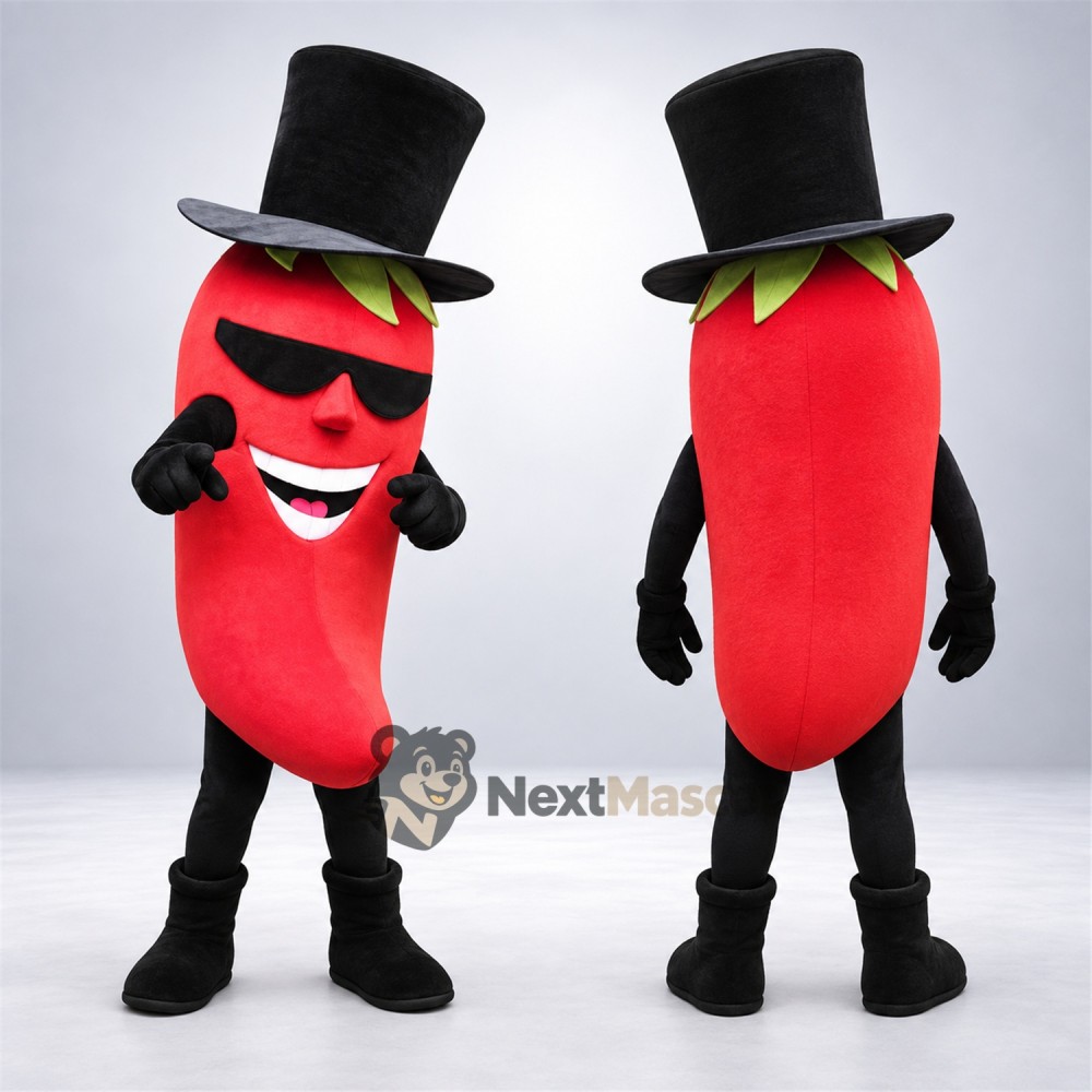 Chili Pepper Mascot Costume - Red, Top Hat Chili Pepper Mascot Costume - Red, Top Hat