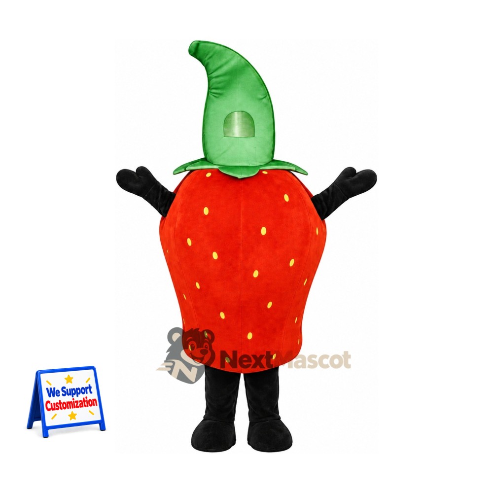Strawberry Mascot Costume - Tall Green Leaf and Black Legs for Food Festivals Strawberry Mascot Costume - Tall Green Leaf and Black Legs for Food Festivals
