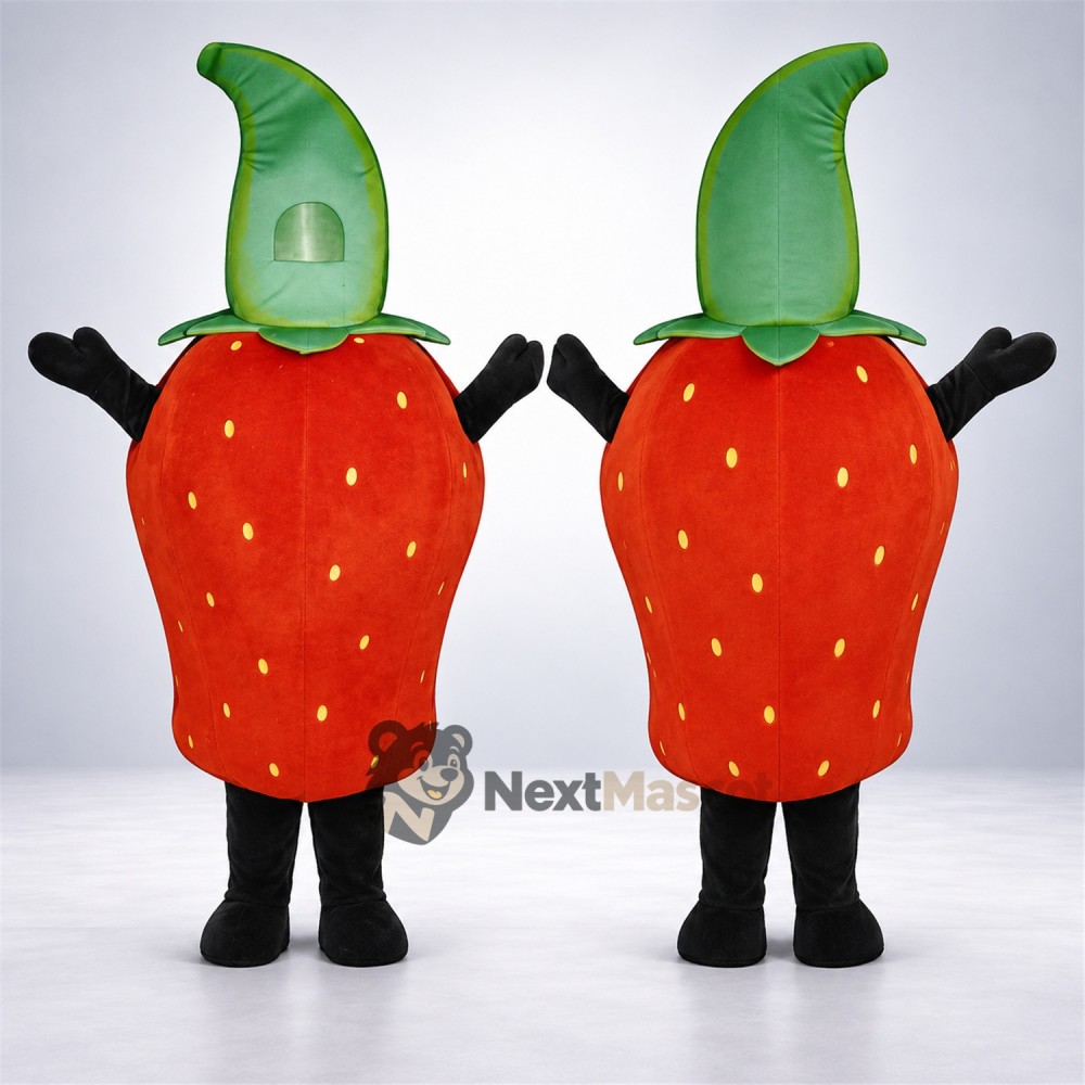 Strawberry Mascot Costume - Tall Green Leaf and Black Legs for Food Festivals Strawberry Mascot Costume - Tall Green Leaf and Black Legs for Food Festivals