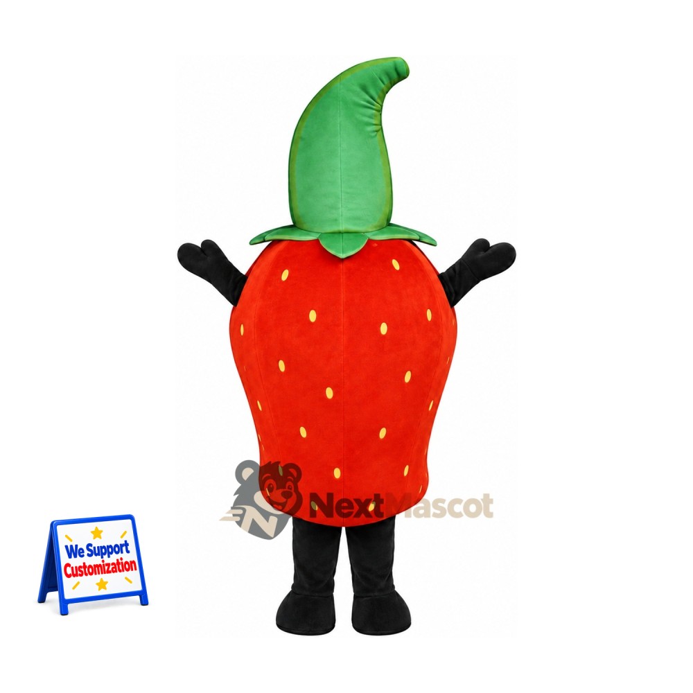 Strawberry Mascot Costume - Tall Green Leaf and Black Legs for Food Festivals Strawberry Mascot Costume - Tall Green Leaf and Black Legs for Food Festivals