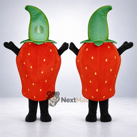 Strawberry Mascot Costume - Tall Green Leaf and Black Legs for Food Festivals Strawberry Mascot Costume - Tall Green Leaf and Black Legs for Food Festivals