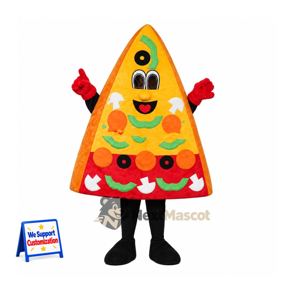 Pizza Slice Mascot Costume - Red Gloves and Colorful Toppings Pizza Slice Mascot Costume - Red Gloves and Colorful Toppings
