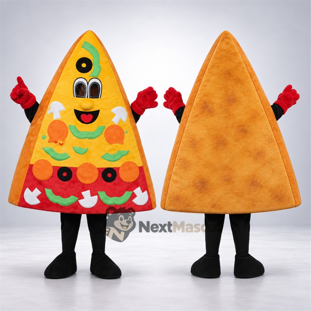 Pizza Slice Mascot Costume - Red Gloves and Colorful Toppings Pizza Slice Mascot Costume - Red Gloves and Colorful Toppings