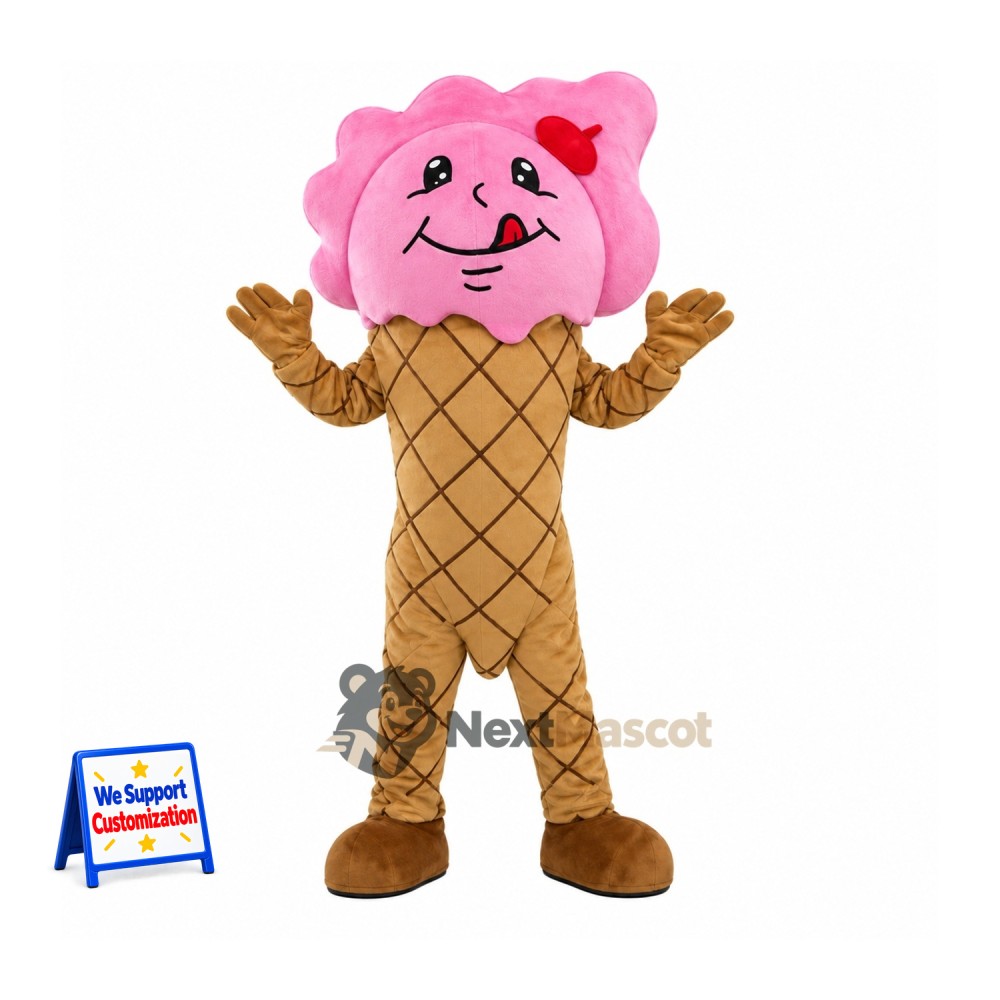 Ice Cream Cone Mascot Costume - Pink, Red Bow Ice Cream Cone Mascot Costume - Pink, Red Bow