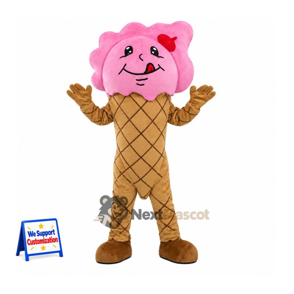 Ice Cream Cone Mascot Costume - Pink, Red Bow