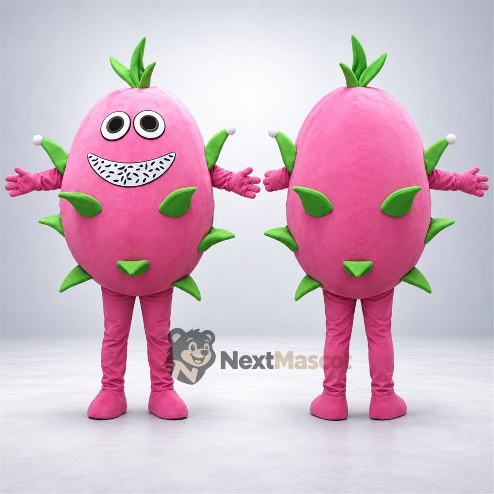 Dragon Fruit Mascot Costume - Pink, Wide Grin for Food Festivals Dragon Fruit Mascot Costume - Pink, Wide Grin for Food Festivals