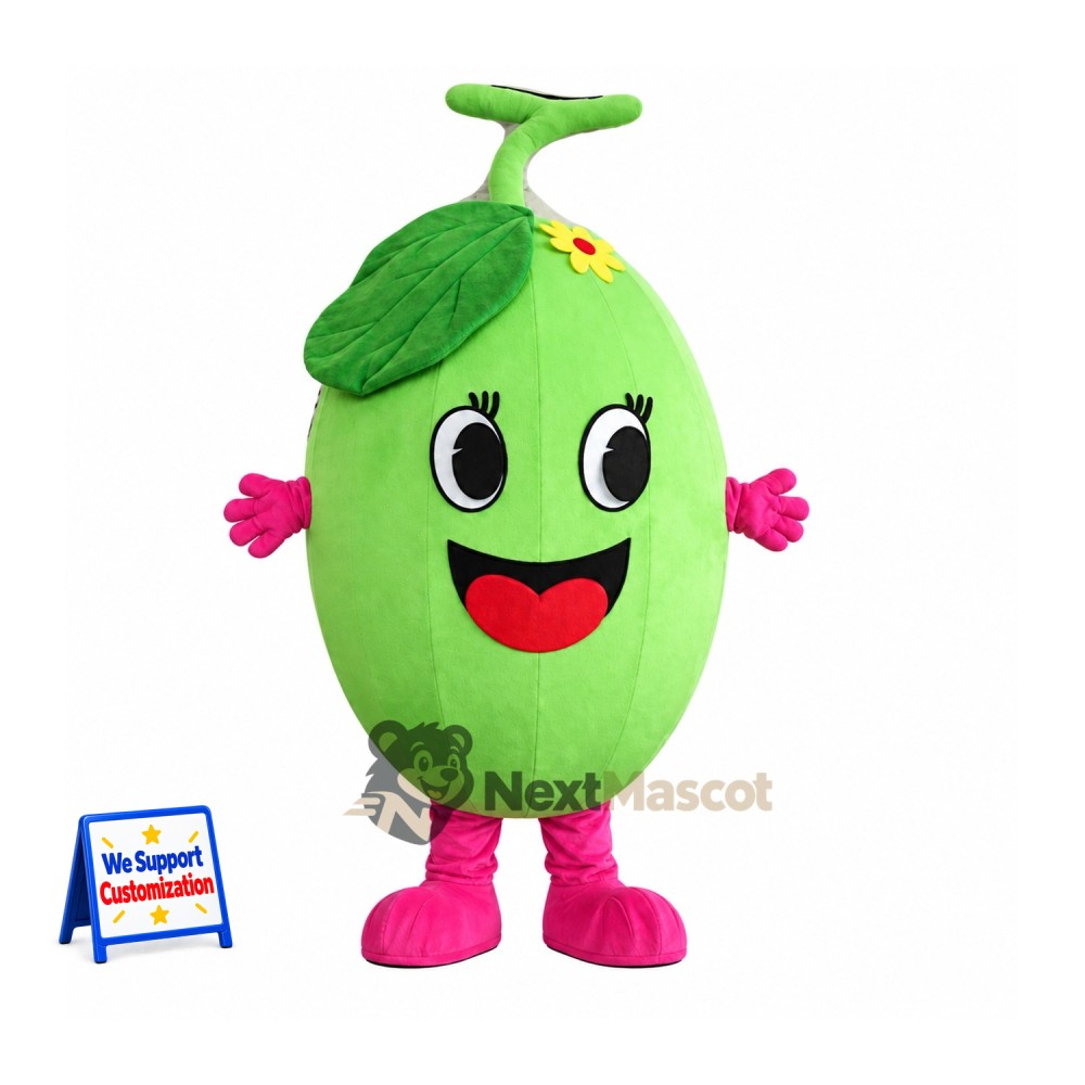Melon Mascot Costume - Green, Pink Gloves and Shoes for Food Fairs Melon Mascot Costume - Green, Pink Gloves and Shoes for Food Fairs
