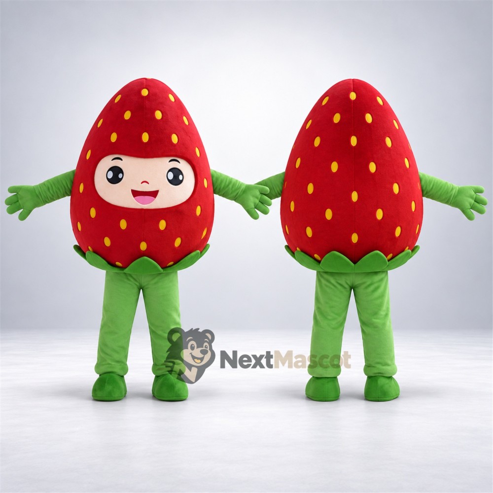 Strawberry Mascot Costume - Human Face and Green Legs for Food Festivals Strawberry Mascot Costume - Human Face and Green Legs for Food Festivals