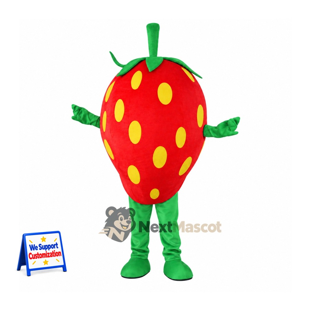 Strawberry Mascot Costume - Yellow Seeds and Green Legs for Food Fairs Strawberry Mascot Costume - Yellow Seeds and Green Legs for Food Fairs