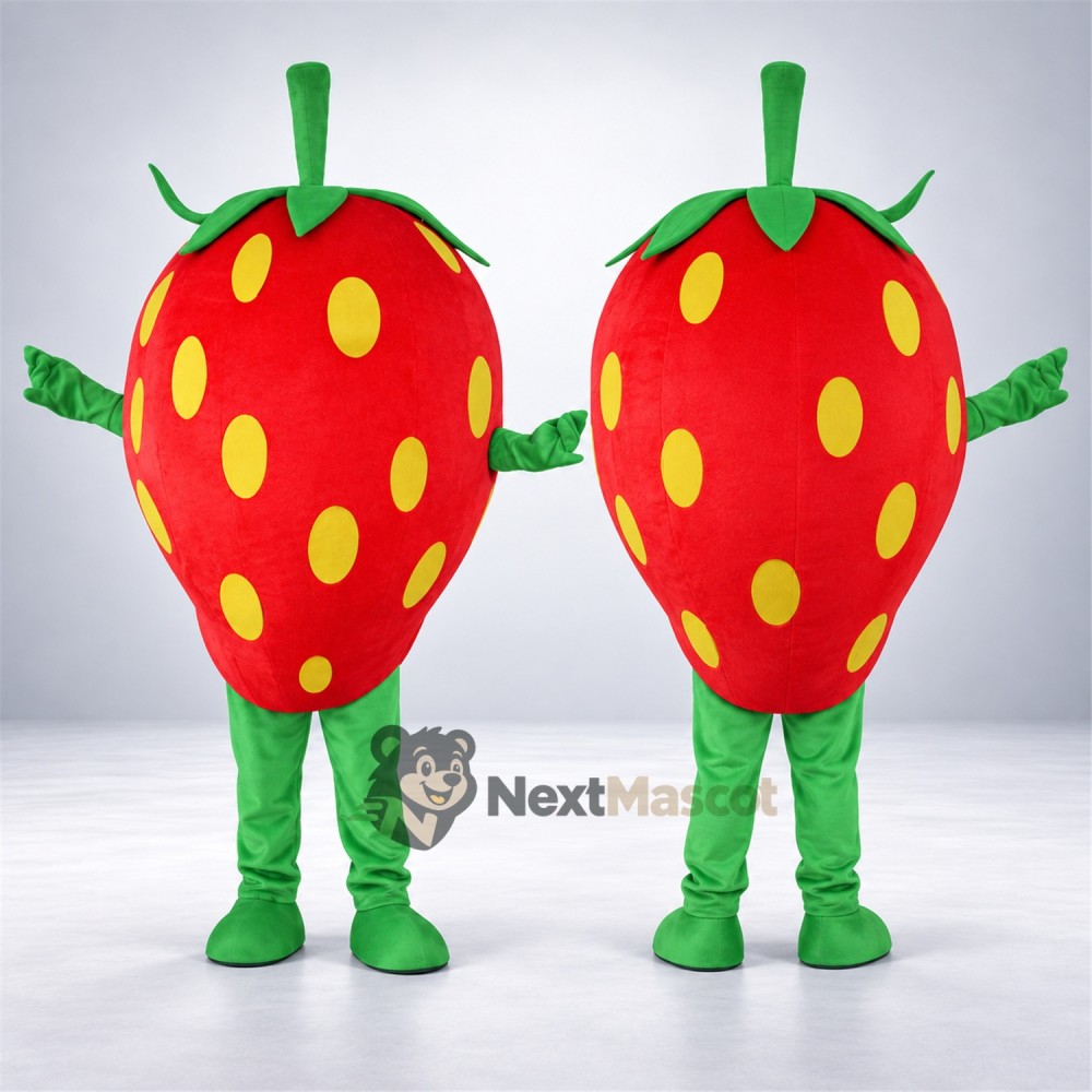 Strawberry Mascot Costume - Yellow Seeds and Green Legs for Food Fairs Strawberry Mascot Costume - Yellow Seeds and Green Legs for Food Fairs