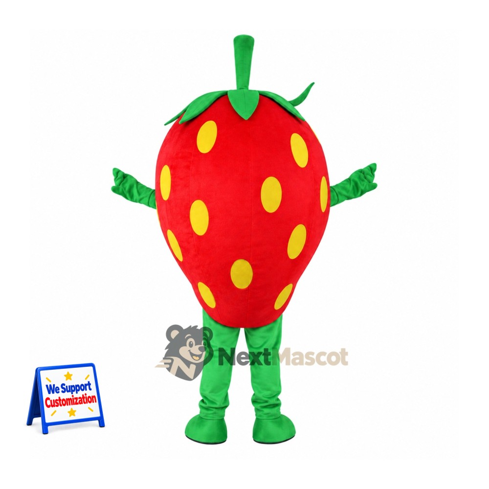 Strawberry Mascot Costume - Yellow Seeds and Green Legs for Food Fairs Strawberry Mascot Costume - Yellow Seeds and Green Legs for Food Fairs